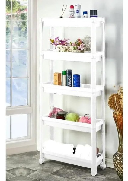 Plastik 5 Katlı Tekerlekli Organizer Diktördgen Raf Ünitesi Beyaz