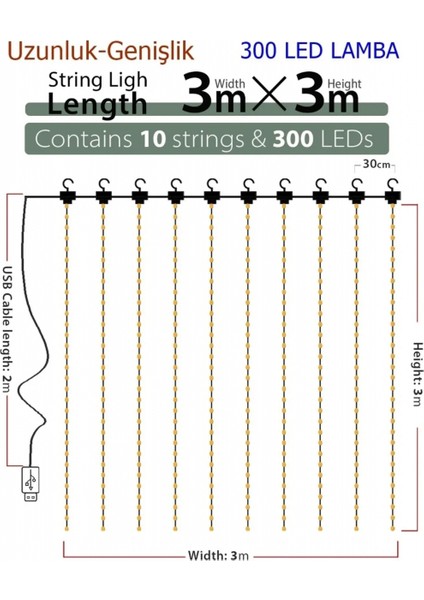 8 Fonksiyonlu Peri Perde LED Uzaktan Kumandalı Günışığı Perde Peri LED (3 mt x 3 Mt) modelleri