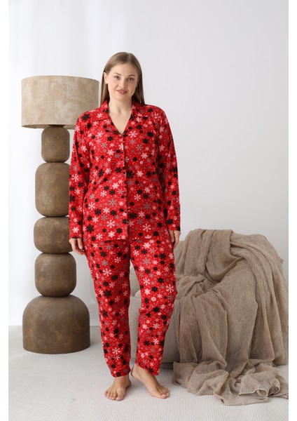 Boydan Düğmeli Süet Kumaş Büyük Beden Kadın Pijama Takımı 2170