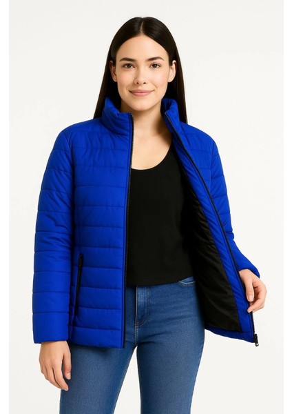 Kadın Saks Mavisi Su İtici Mikro Kumaş Astarlı Fermuarlı Cepli Bomber Şişme Mont Kışlık Rahat Kesim