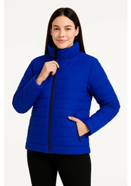 Kadın Saks Mavisi Su İtici Mikro Kumaş Astarlı Fermuarlı Cepli Bomber Şişme Mont Kışlık Rahat Kesim fiyatları