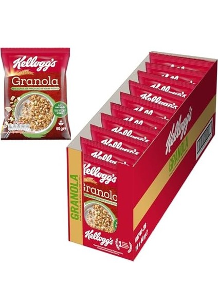 Kellogg&apos;s Granola Beyaz Çikolatali & Antep Fıstikli 60 gr X10 Adet,%46 Yulaf Içerir,lif Kaynağı,antioksidan Içerir,kahvaltılık Gevrek,müsli,atıştırmalık