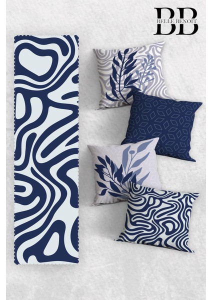 Lacivert Beyaz Çift Taraf Dijital Baskı 4'lü Yastık Kılıfı Kırlent Kılıf, Amerikan Servis Runner Set