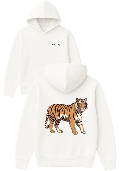 Genç Kaplan Tasarım Baskılı Oversize Beyaz Kapüşonlu Sweatshirt