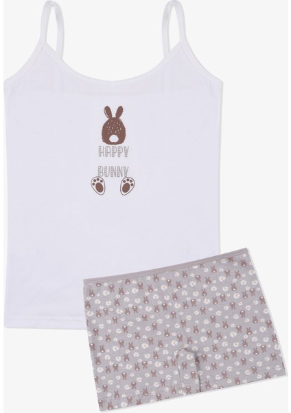 Kız Çocuk Tavşan Baskılı Pamuklu Atlet Boxer Takım