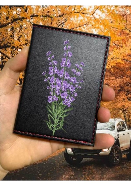 Lavanta Desenli Ruhsat Kabı Logolu Oto Ruhsat Kılıfı Vinleks Deri Dikişli Araç Ruhsat Koruyucu