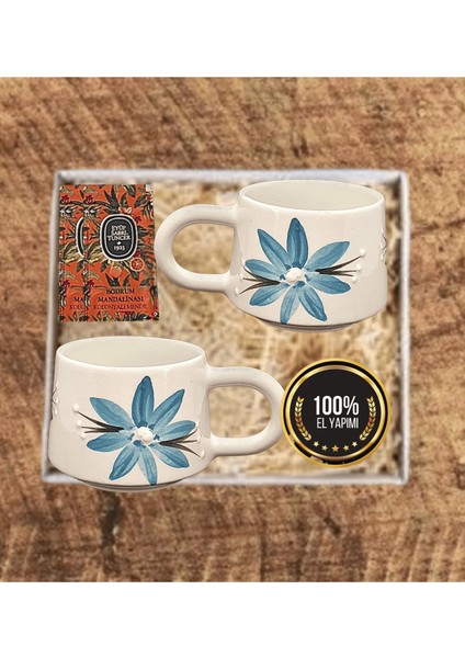 El Yapımı 2 Kişilik Seramik Kupa Hediye Seti – Mavi Çiçek Desenli