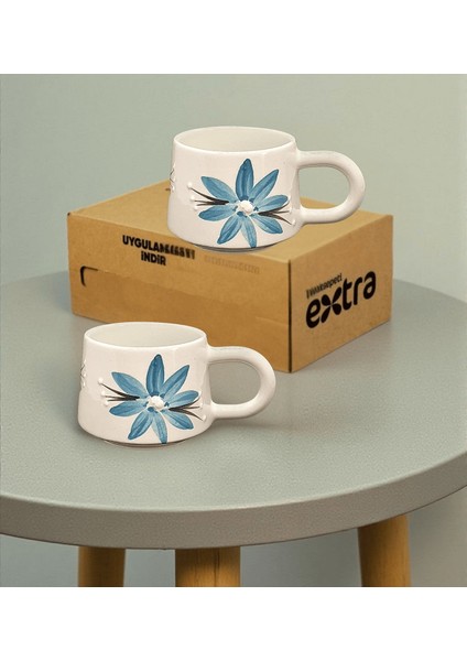 El Yapımı 2 Kişilik Seramik Kupa Hediye Seti – Mavi Çiçek Desenli fiyatları