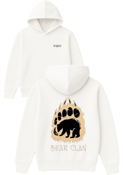 Bear Clan Tasarım Baskılı Oversize Beyaz Kapüşonlu Sweatshirt