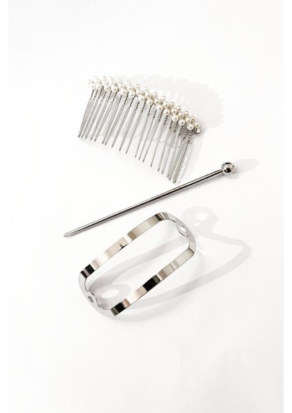 Gümüş ve Inci Detaylı 2'li Topuz Toka Seti