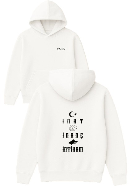 Inat Inanç Intikam Tasarım Baskılı Oversize Beyaz Kapüşonlu Sweatshirt