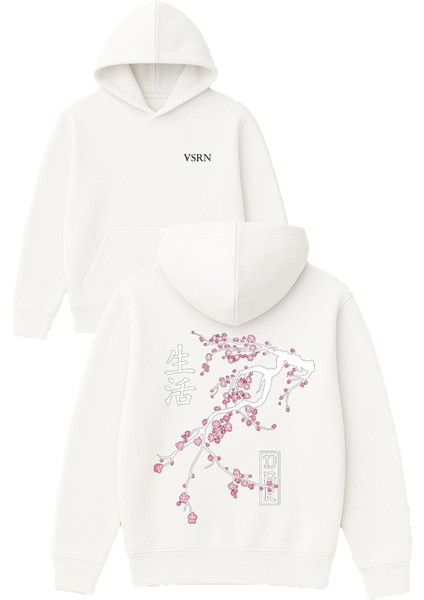Japon Ağaç Tasarım Baskılı Oversize Beyaz Kapüşonlu Sweatshirt