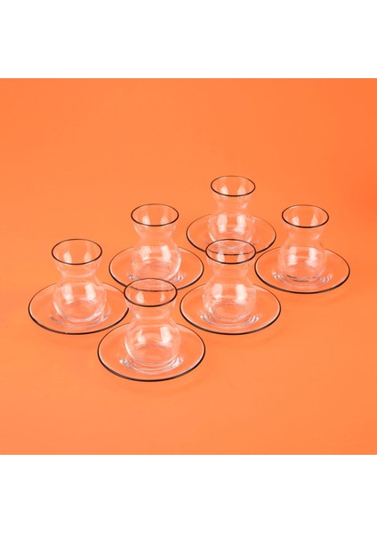 Pure Siyah Rimli 12 Parça Çay Bardak Takımı - Şeffaf / Siyah