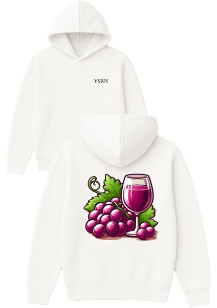 Kırmızı Üzüm Tasarım Baskılı Oversize Beyaz Kapüşonlu Sweatshirt