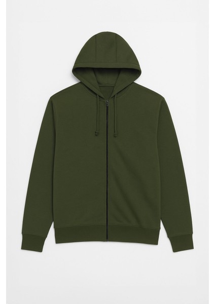 Erkek Fermuarlı Kapüşonlu Içi Polarlı Haki Sweatshirt