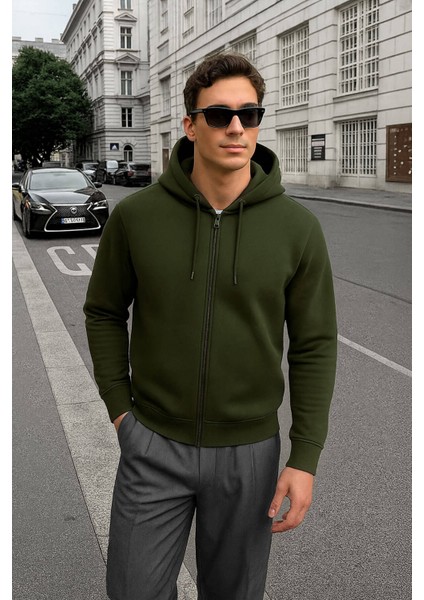 Erkek Fermuarlı Kapüşonlu Içi Polarlı Haki Sweatshirt modelleri