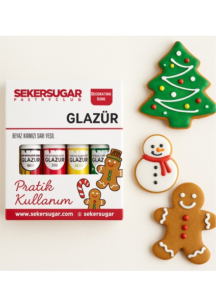 Glazür Set 4'lü Beyaz-Kırmızı-Sarı-Yeşil Icing NET:160GR. (4tüp x 40 G)