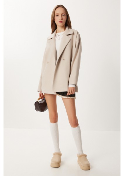 Oversize Kruvaze Kaşe Kaban LZV0038 Taş