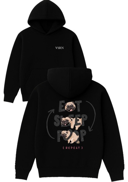 Eat Sleep Pug Tasarım Baskılı Oversize Siyah Kapüşonlu Sweatshirt