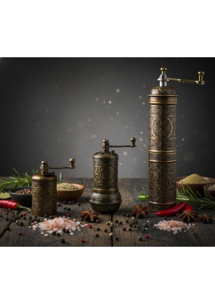 Ludıa Zamak Metal Antik Renk 3 Lü Set Karabiber,kahve,çörek Otu El Değirmeni Öğütücü Grinder S2