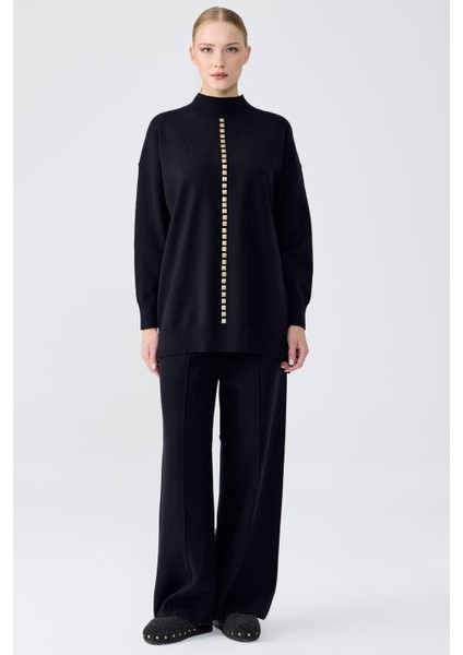 22005 Şerit Taş Işlemeli Triko Pantolonlu Takım