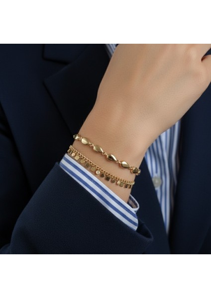 Pullu, Sallantılı 14K Altın Rengi Premium Kaplama Kadın Bileklik