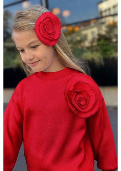 Kız Çocuk Balıkçı Yaka Omuzunda Gül Broşlu Kazak Bol Kesim Kırmızı Triko Alt Üst Takım fırsatları