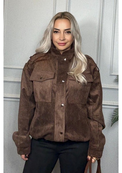 Kahverengi Yumuşak Dokulu Fermuarlı Kadın Bomber Ceket