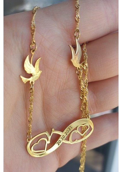 925 Ayar Gümüş 24 Ayar Altın Kaplama Harfli Güvercin ve Kalp Figürlü Sonsuzluk Kolye