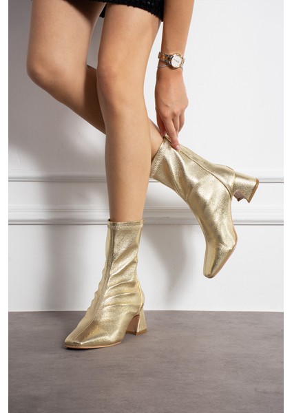Alvaro Altın Renkli Baskı Desenli Streç Kadın Kalın Topuklu Bot
