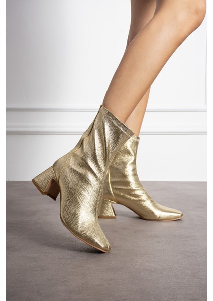Alvaro Altın Renkli Baskı Desenli Streç Kadın Kalın Topuklu Bot modelleri