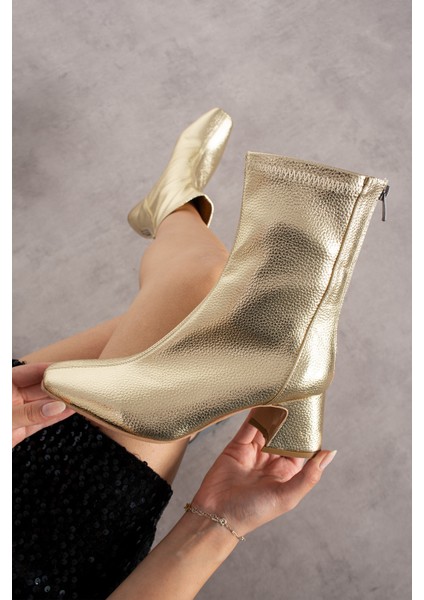 Alvaro Altın Renkli Baskı Desenli Streç Kadın Kalın Topuklu Bot fırsatları