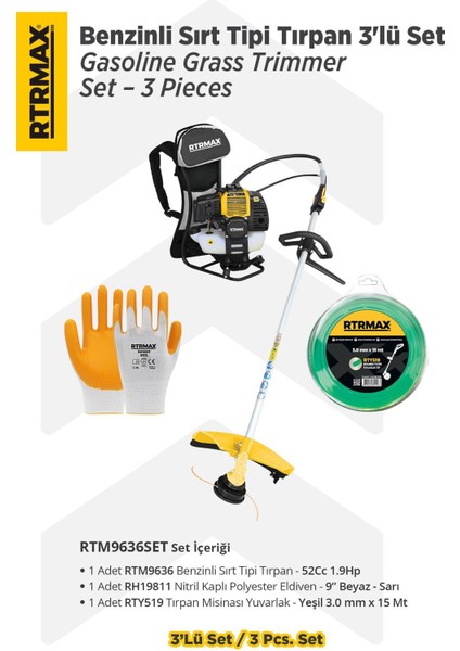RTM9636SET Benzinli Sırt Tipi Tırpan 3'lü Set -Eldiven-Tırpan Misinası