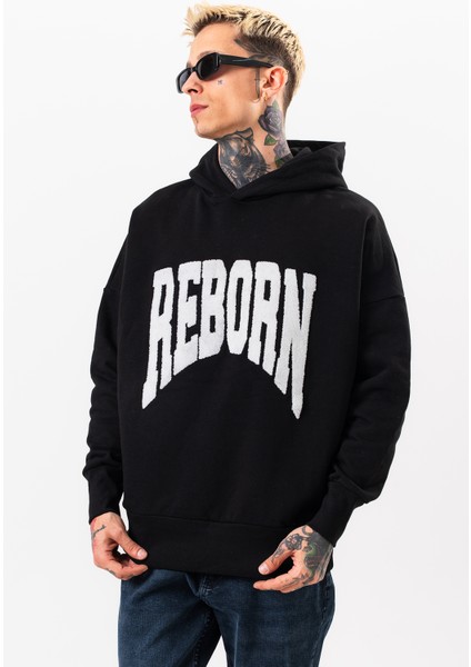 Erkek Siyah Sweatshirt Oversize Kapüşonlu