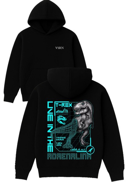 T Rex Tasarım Baskılı Oversize Siyah Kapüşonlu Sweatshirt