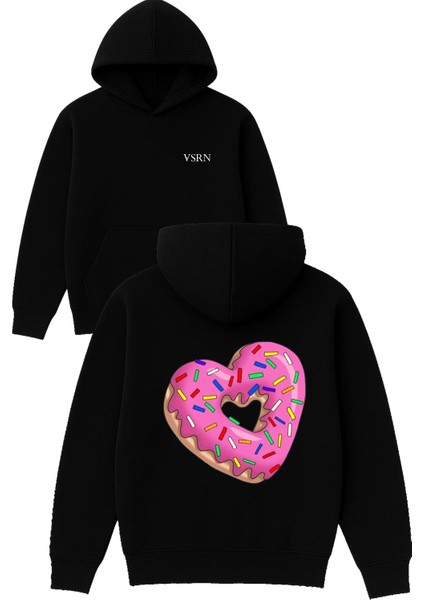 Kalp Donat Tasarım Baskılı Oversize Siyah Kapüşonlu Sweatshirt