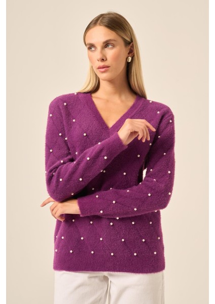 Kadın Inci Detaylı Kazak Mor 25057
