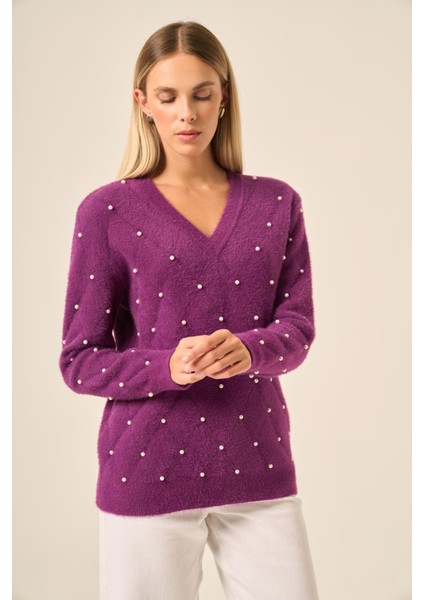 Kadın Inci Detaylı Kazak Mor 25057 fiyatları