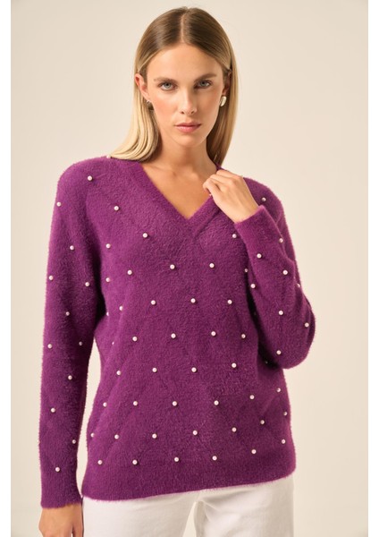 Kadın Inci Detaylı Kazak Mor 25057 modelleri