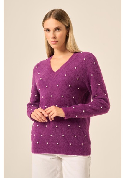 Kadın Inci Detaylı Kazak Mor 25057 fırsatları