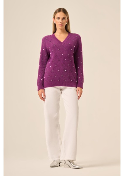 Kadın Inci Detaylı Kazak Mor 25057 indirimleri