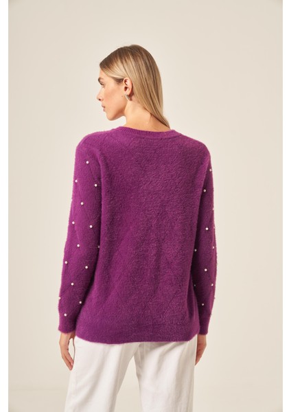 Kadın Inci Detaylı Kazak Mor 25057