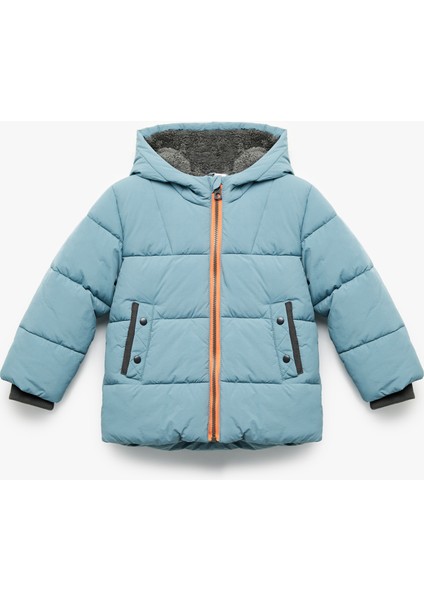 Uzun Kollu Cepli Içi Suni Kürklü Kapşonlu Şişme Mont