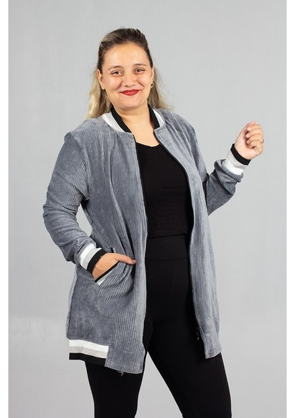 Kadife Kolej Mont Gri Fitilli Kadife Oversize Kolej Ceket modelleri