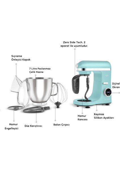2000W Yüksek Güçlü ve 7 Litrelik Büyük Hazneli Dijital Ekranlı Çırpma, Karıştırma ve Hamur Yoğurma Makinesi & Mutfak Şefi + Hassas Mutfak Tartı fiyatları