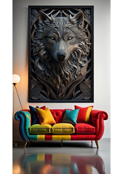 Kabartma Görünümlü Kurt Portresi 1 Ev Duvar Salon Güzellik Salonu Ofis Dükkan Dekarasyon Kanvas Tablo