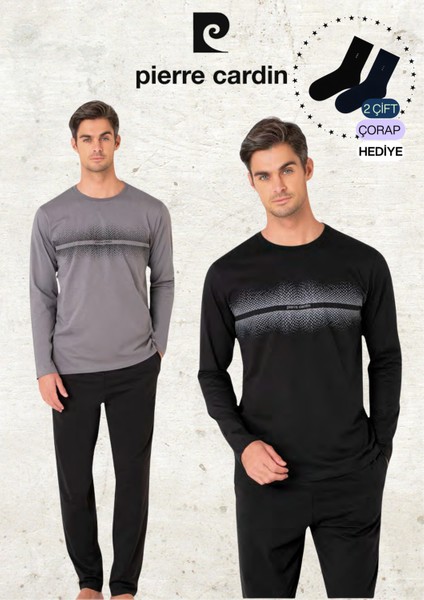 Erkek %100 Pamuk Uzun Kollu Desenli Koyu Gri & Siyah Iki Adet Pijama Takımı L1.PC.6102.002