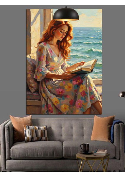 Kitap Okuyan Uzun Dalgalı Saçlı Genç Kadın Dekoratif Kanvas - Mdf Ahşap Tablo modelleri