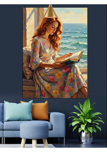 Kitap Okuyan Uzun Dalgalı Saçlı Genç Kadın Dekoratif Kanvas - Mdf Ahşap Tablo fırsatları