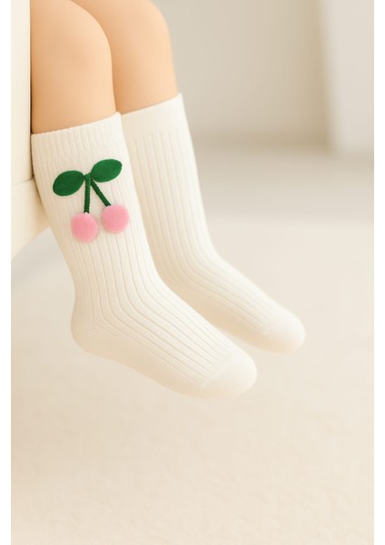 %100 Pamuk Nefes Alabilen Terletmez Ekru Kız Bebek Kirazlı Diz Altı Çorap